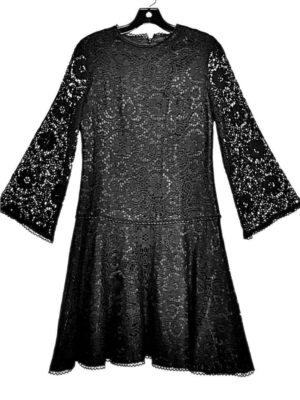 Vintage Lace Dress Black Drop Waist Long Bell Sleeves